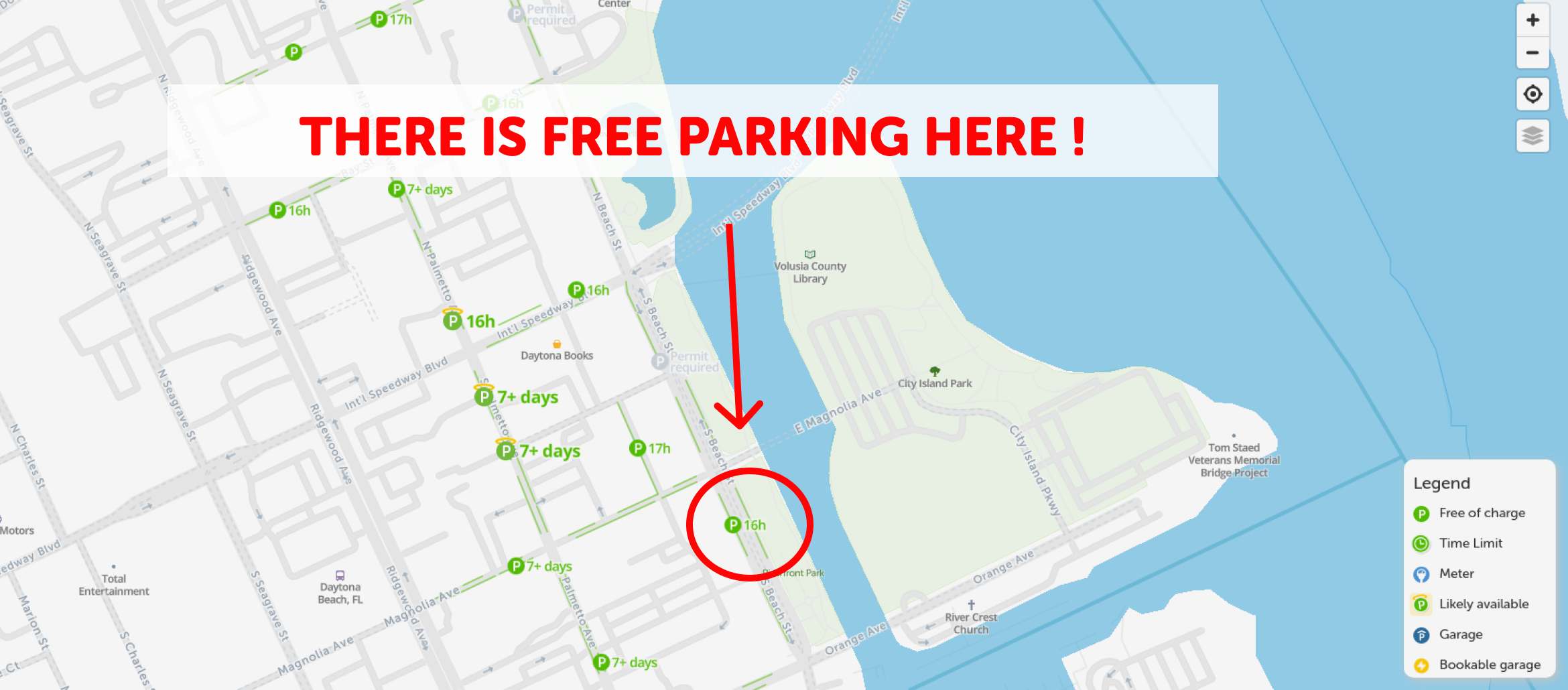 map of free parking in Daytona beach - SpotAngels